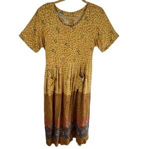Pretty Pink Vintage Yellow Floral Short Sleeve Long Lightweight Dress Pockets L